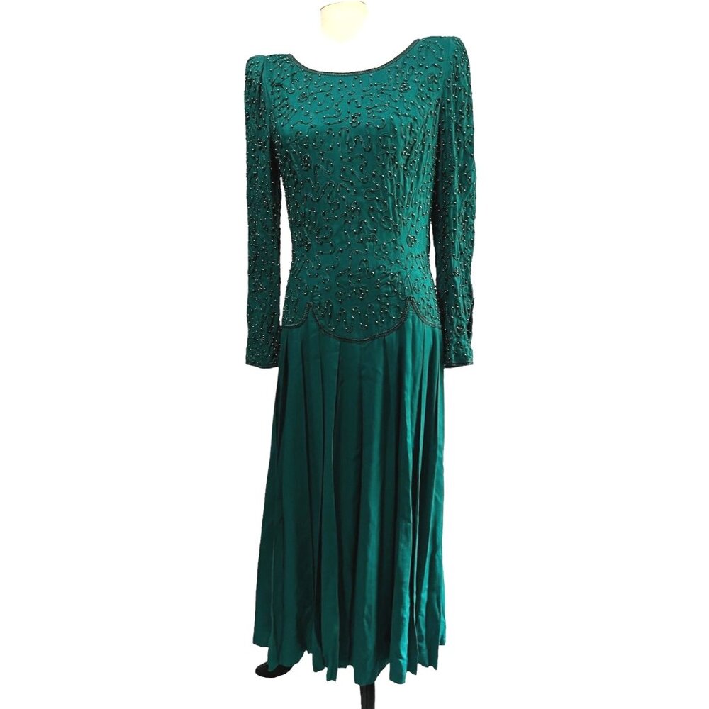 Sarah Elizabeth Vintage Beaded Teal Green Round Neck Dress Sz 14 (Large) Womens